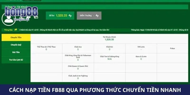 Cách nạp tiền FB88 qua phương thức chuyển tiền nhanh